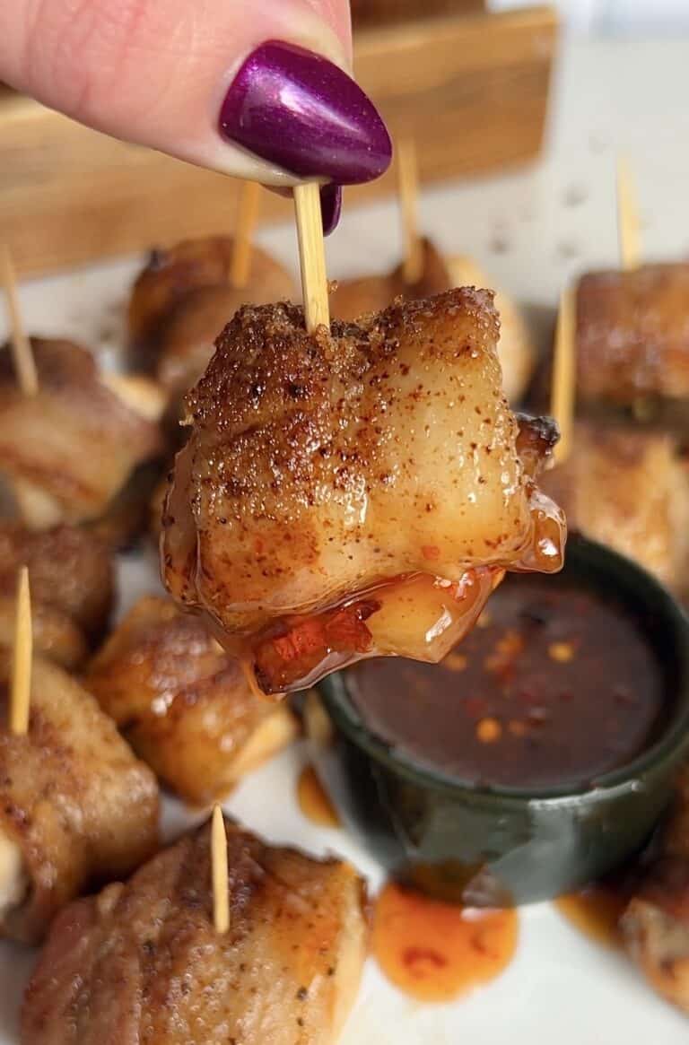Sweet & Savory Bacon Wrapped Chicken Bites with Homemade Sweet Chili Sauce