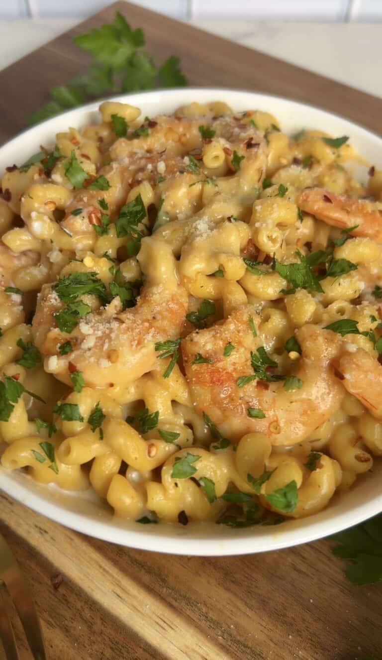 One-Pan Creamy Garlic Parmesan Cavatappi with Shrimp (Lightened-Up & High-Protein)