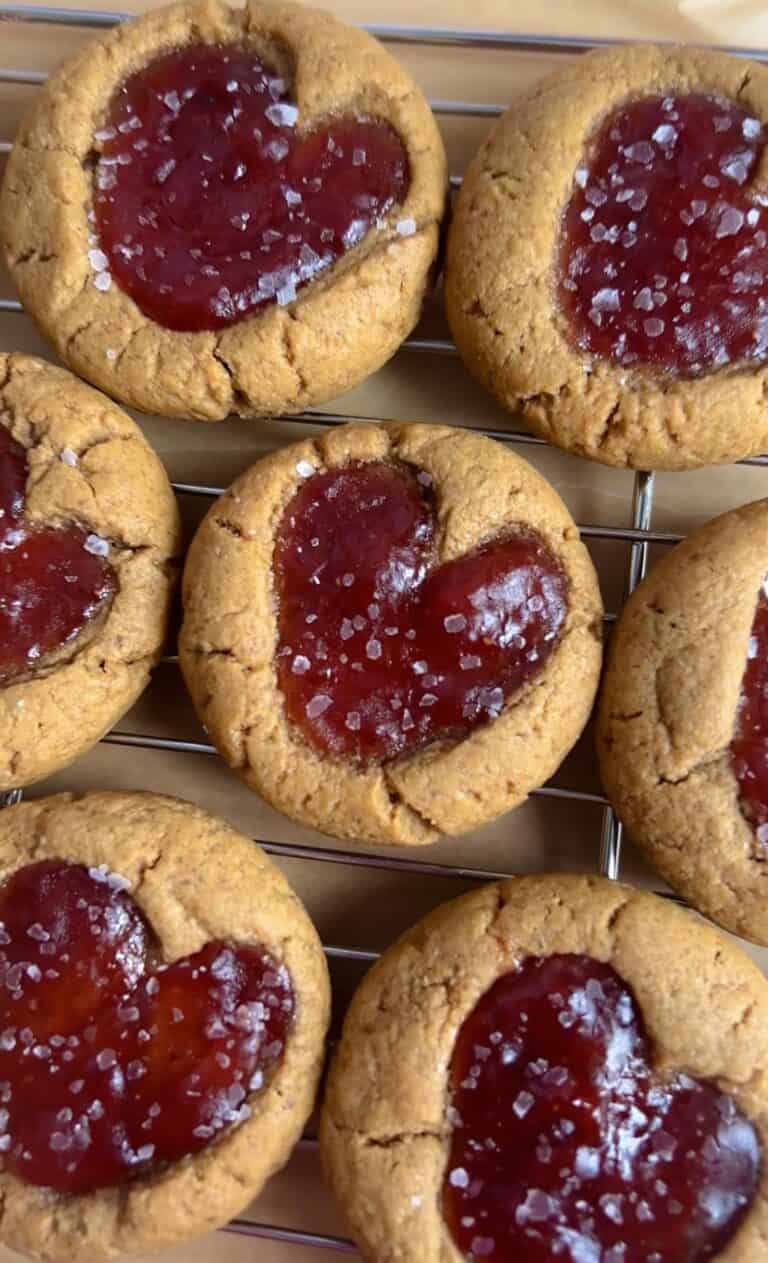 Gluten-Free Peanut Butter & Jam Heart Thumbprint Cookies