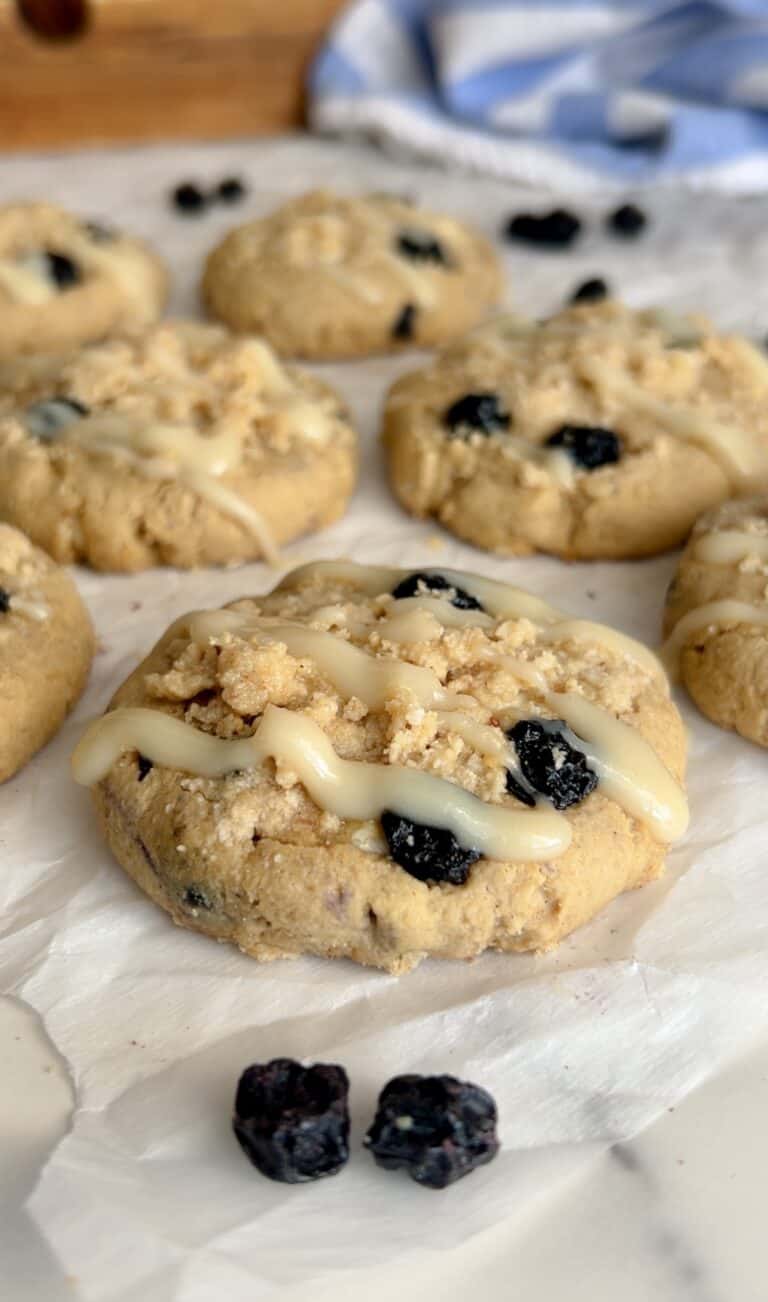 Soft & Chewy Blueberry Muffin Protein Cookies (with Coconut Butter Glaze!)