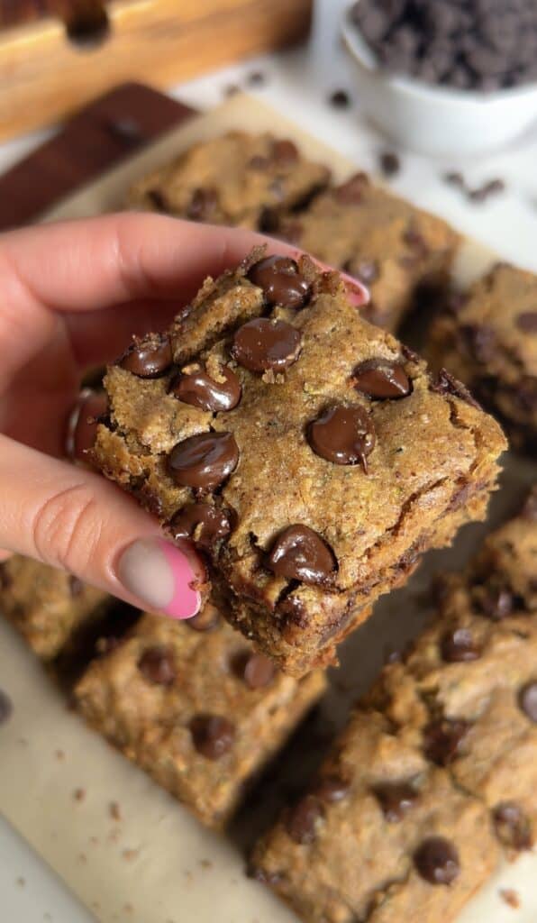 Glossy fresh out the oven chocolate chip zucchini blondies
