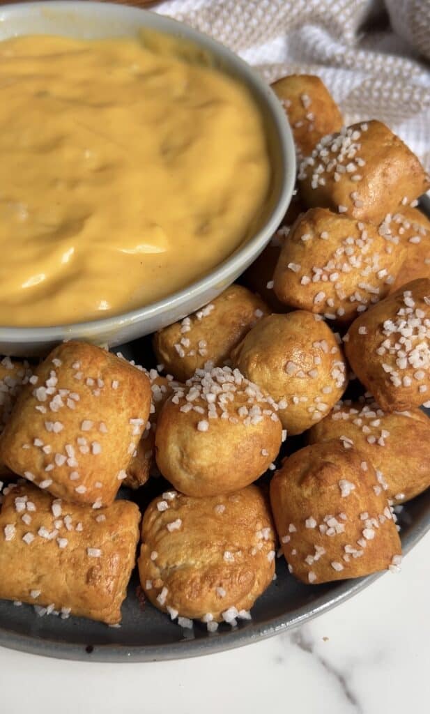 Golden pretzel nuggets with coarse salt served with cheese dip.