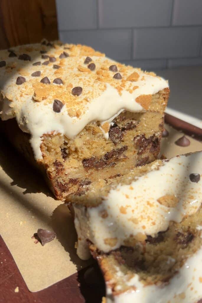 Delicious gluten-free banana bread with chocolate chips and marshmallow topping.