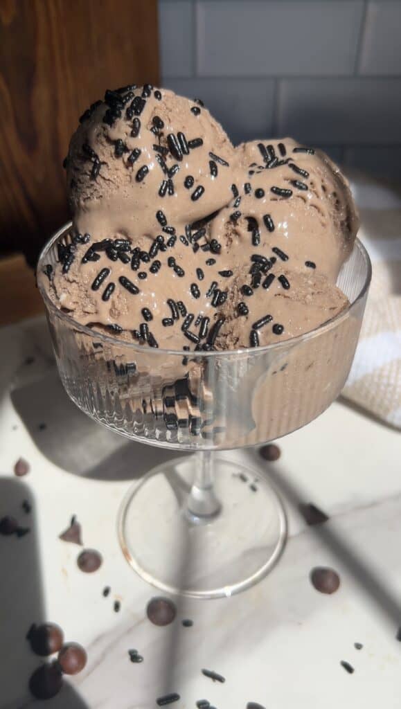 Delicious chocolate protein nice cream with sprinkles in a glass bowl.