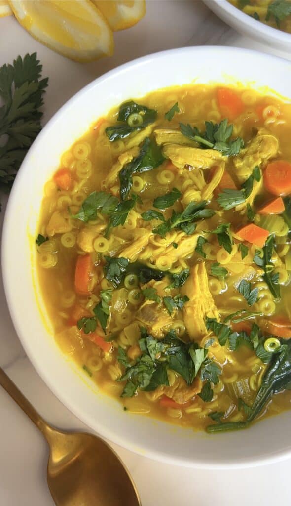 Bowl of turmeric ginger chicken noodle soup with vegetables and herbs.
