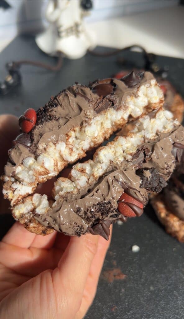 Chocolate rice cake inside shot with chocolate greek yogurt whipped topping