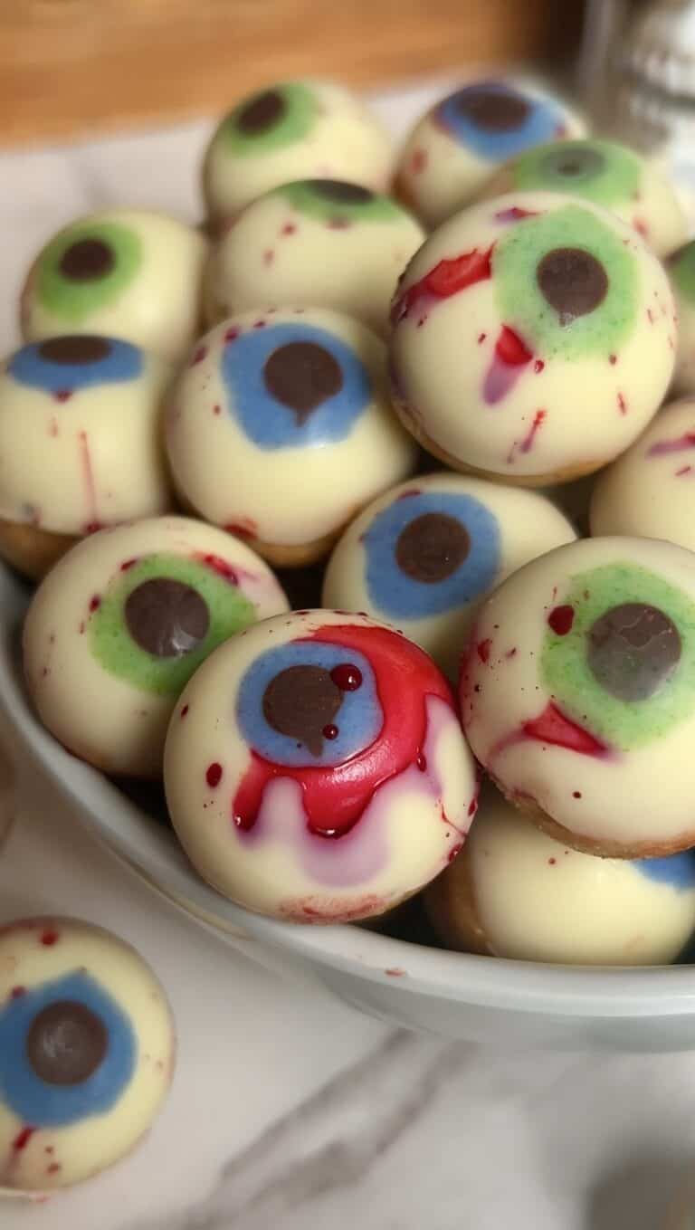 Colorful Halloween eyeball candies with blood-red accents and bloodshot details.
