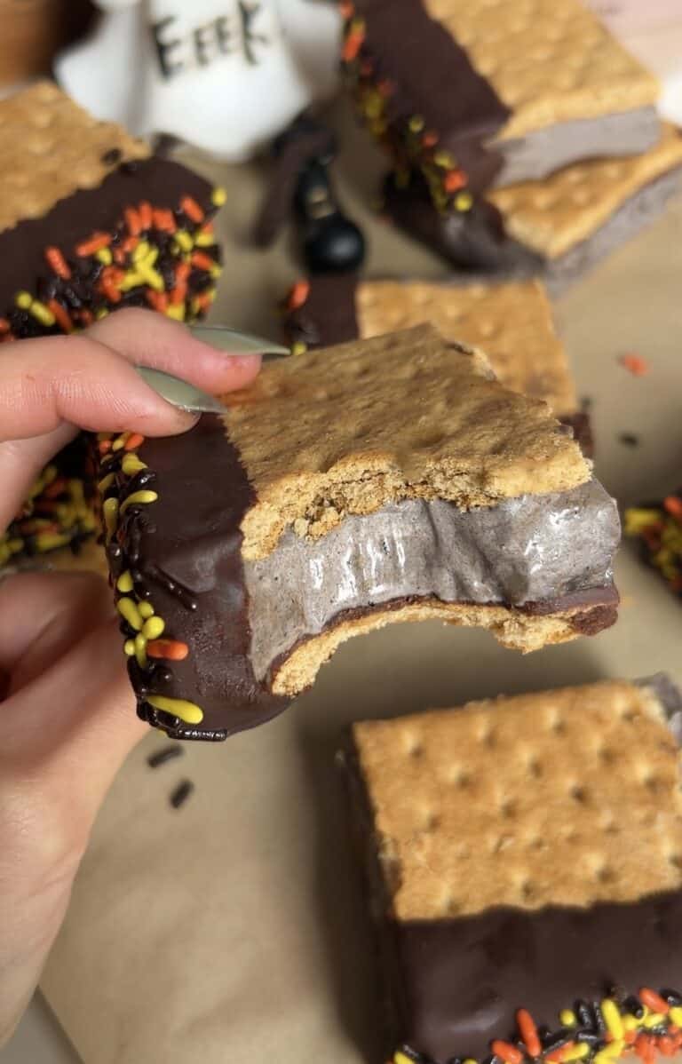 Close-up of a chocolate-covered s'mores bar with a graham cracker top.